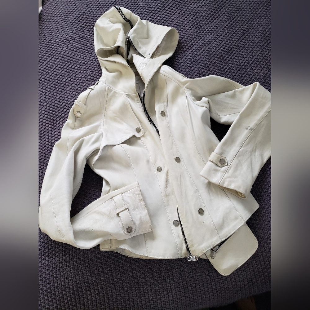 Vintage Y2K 90's Armani Jeans Cream Hooded Moto Jacket
